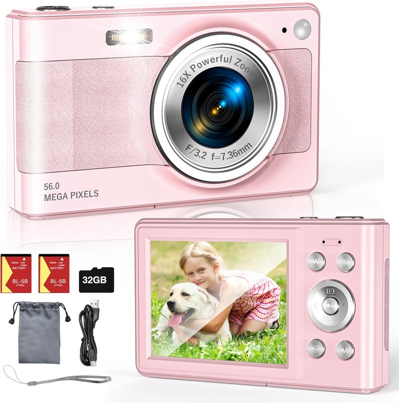 Fleafer Upgrade Kids Digital Camera - 56MP FHD 1080P with 16x Zoom, Anti-Shake, 32GB TF Card, Two Batteries, Lanyard - Compact Small Camera for Kids (Pink) - Image 1